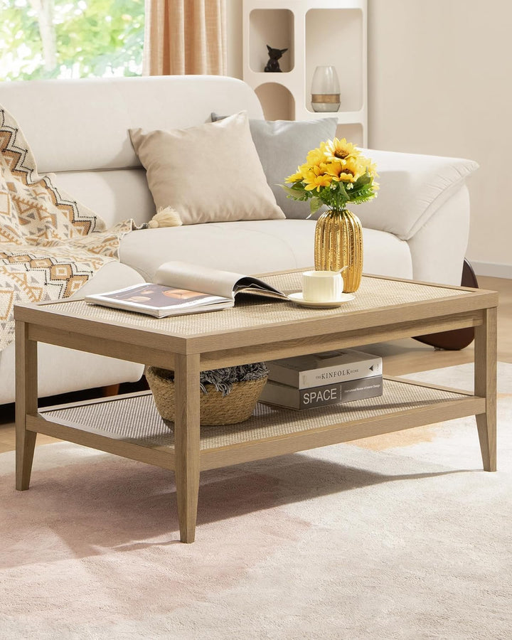 Rattan Coffee Table with 2-Tier Storage, Boho Rectangle Center Table, Oak