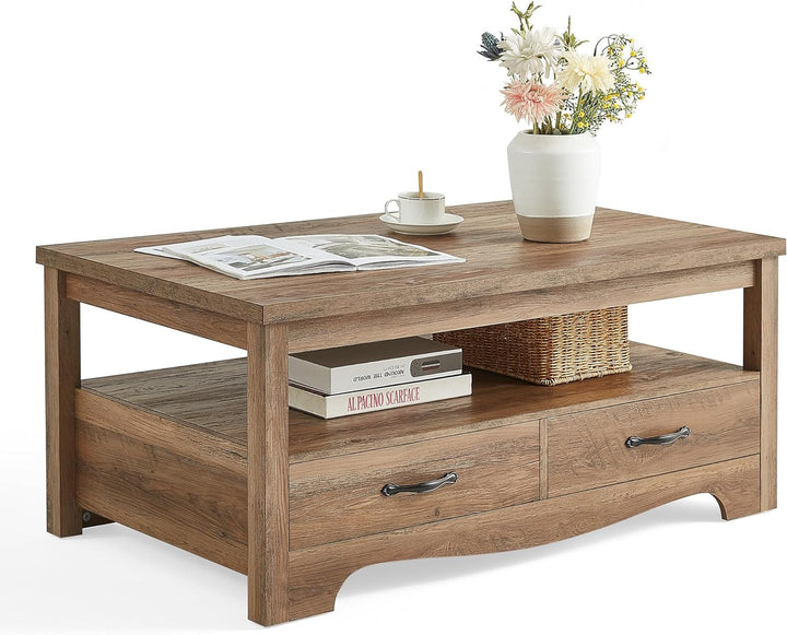 Farmhouse Coffee Table with Storage, Chic Style with Curved Base, Brown