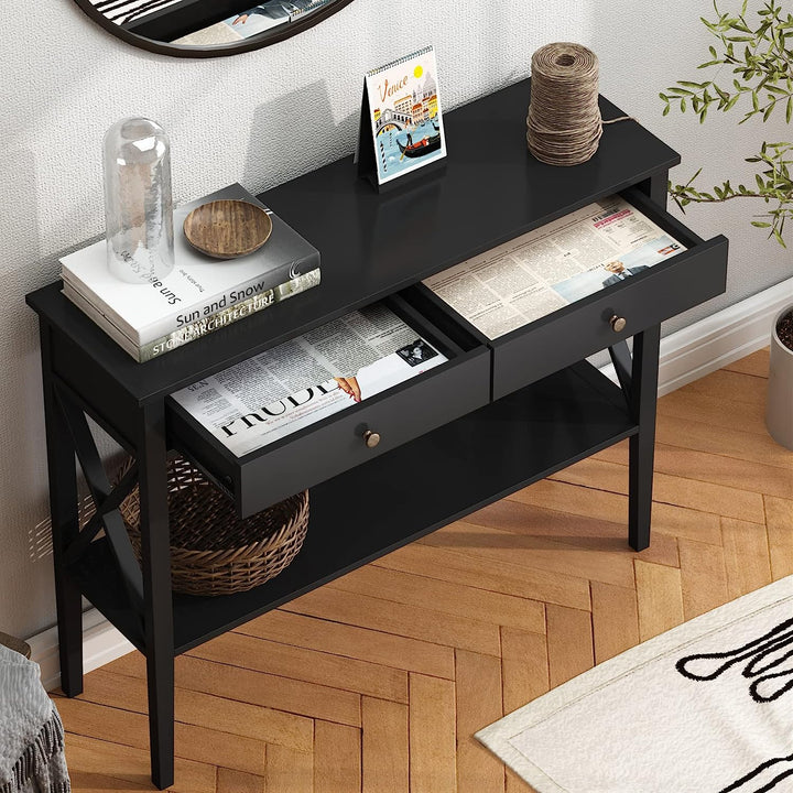 Console Table with Drawers, Narrow Wood Accent