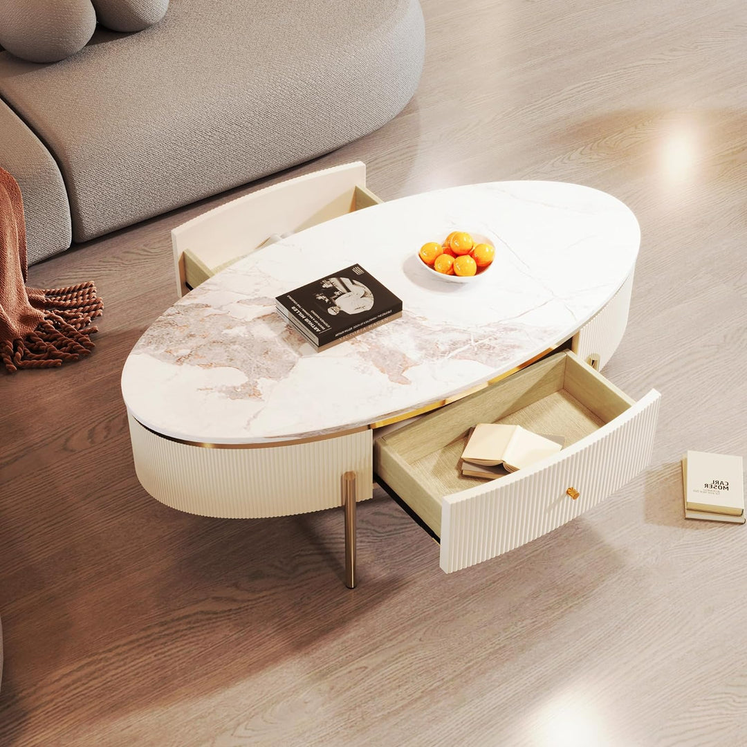 47.2''-Off White, Round Coffee Table with Drawers, Oval Marble Top