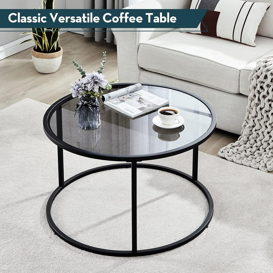 Round Coffee Table Glass Center Table Gray Black