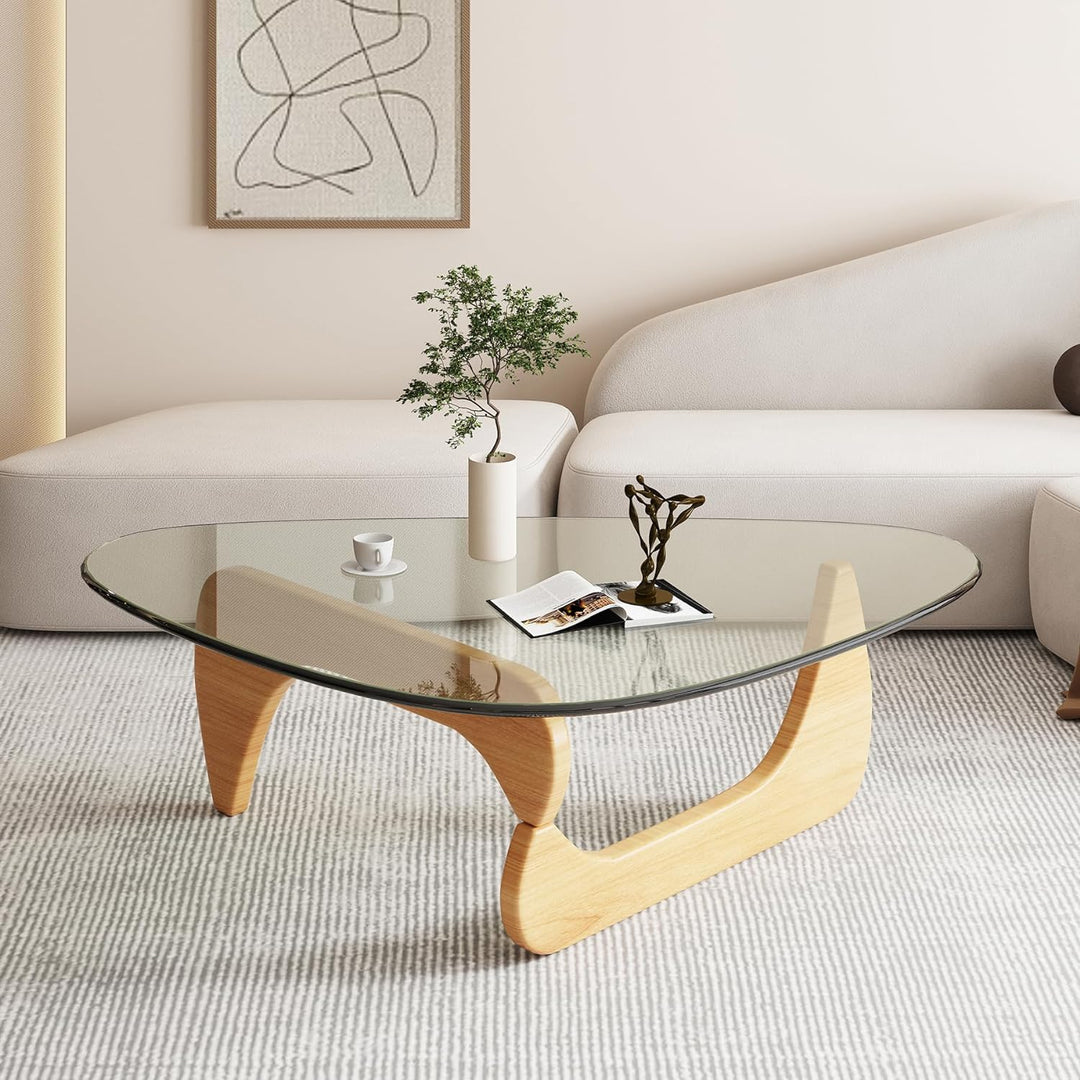 Coffee Tables for Living Room - Triangle Glass Coffee Table, Wood Transparent