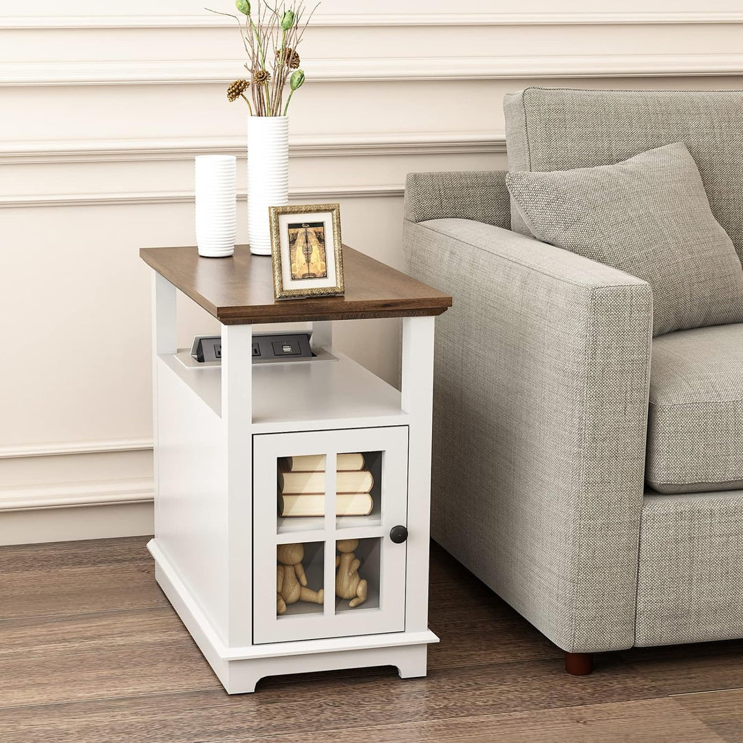 End Table White Storage Side Table Nightstand USB