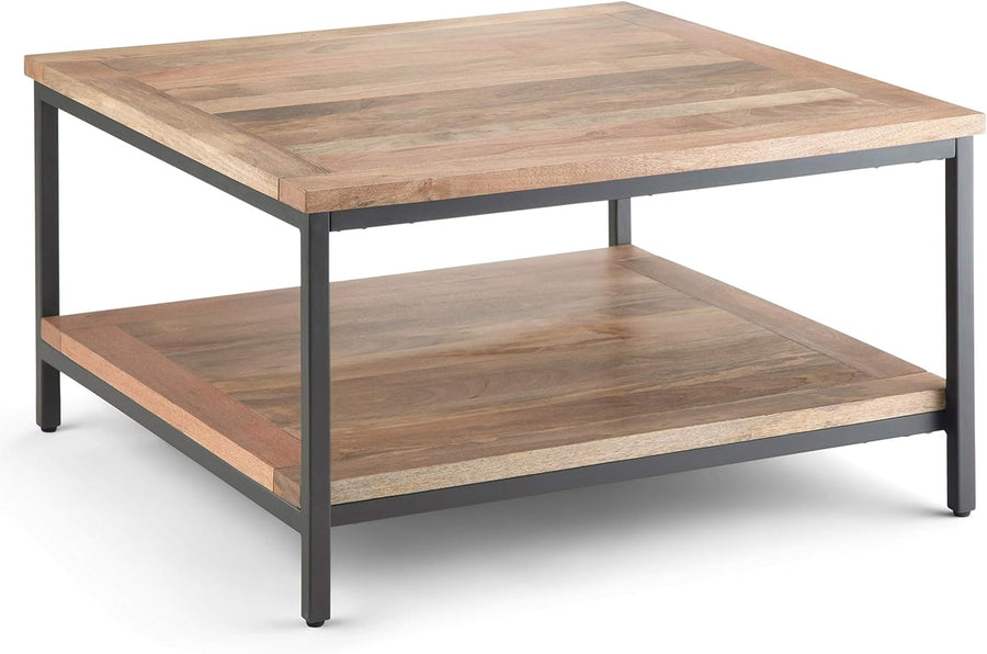 Solid Mango Wood and Metal Modern Industrial Coffee Table, Natural