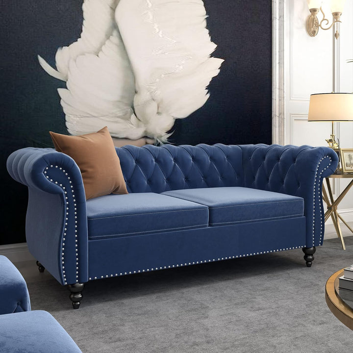 Chesterfield Loveseat, Modern Velvet Sofa Tufted Couch (Blue)