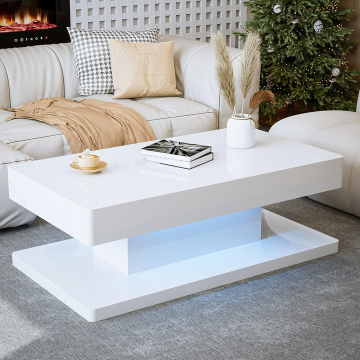 IKIFLY Modern LED Coffee Table, White High Glossy Rectangle