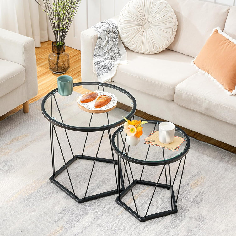 Small Coffee Tables Set, Round Glass Top End Tables, Black