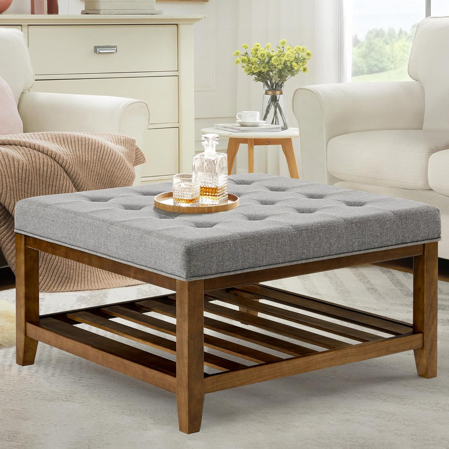 Elegant Square Ottoman Coffee Table, Button Tufted, Grey