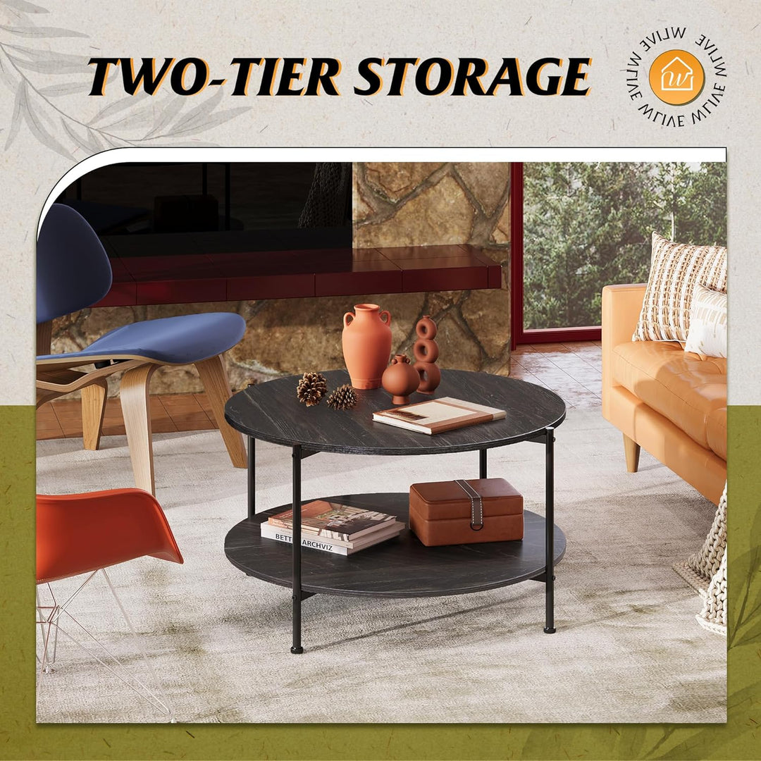 Stylish 2-Tier Round Coffee Table with Storage Shelf, Charcoal