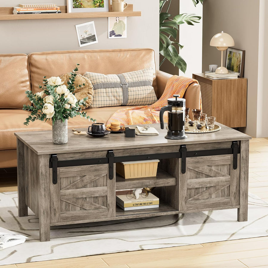 Farmhouse Coffee Table with Storage, Rustic Living Room Table, Light Oak