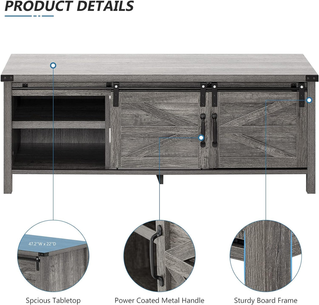Rustic Farmhouse Coffee Table with Sliding Barn Doors, Grey