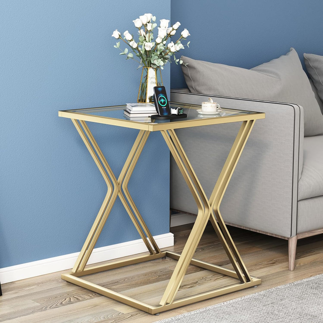 Glass End Table, Gold Side Table, Modern Nightstand