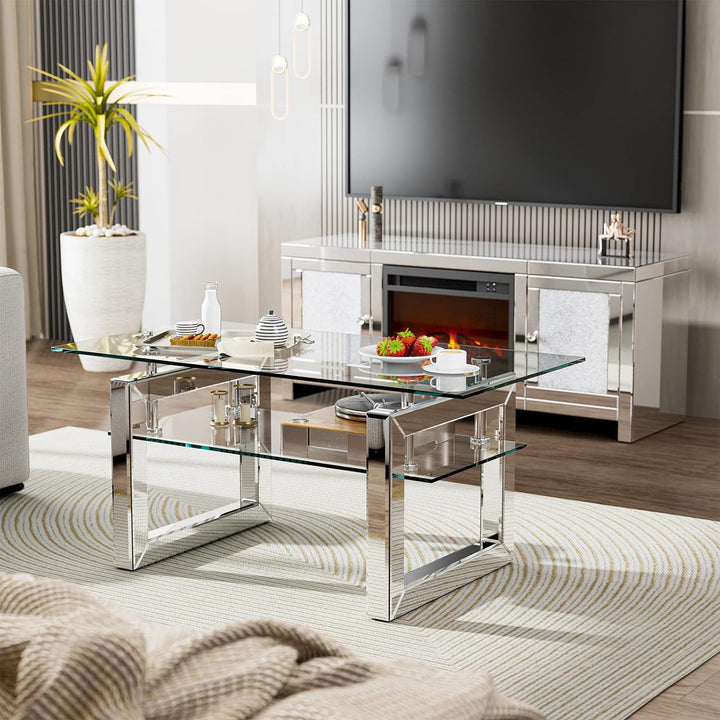 IKIFLY Glass Coffee Table, Mirrored Clear Rectangle Glass End Table