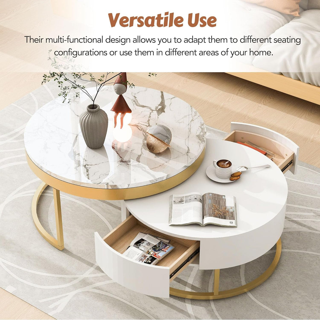 Farmhouse Round Coffee Table with Drawers, Modern Circle Nesting, GoldenWhite