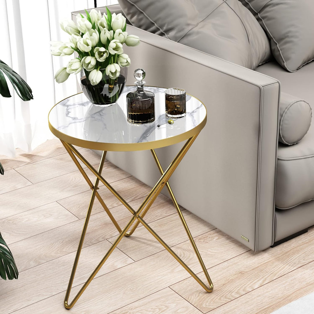 Modern Round Side Table, White Marble&gold Top, Gold