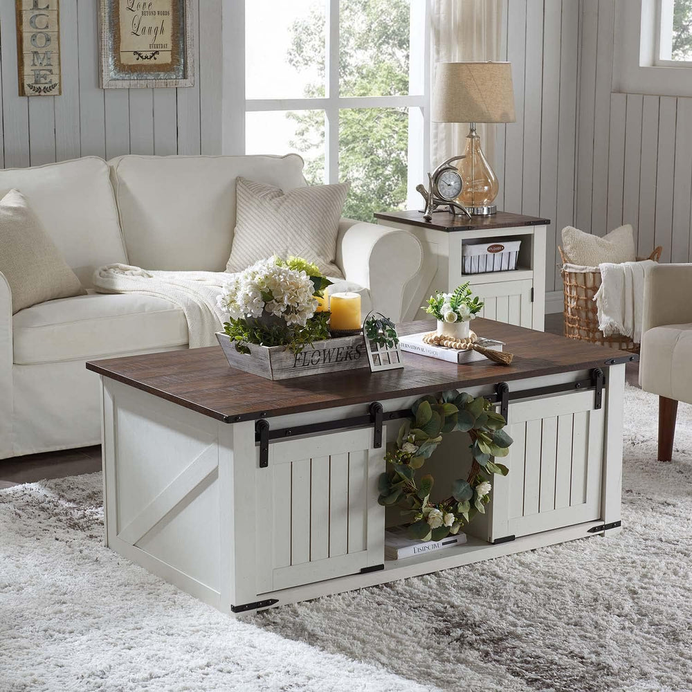 Rustic Farmhouse Lift-Top Coffee Table, Wood Cocktail Table, White