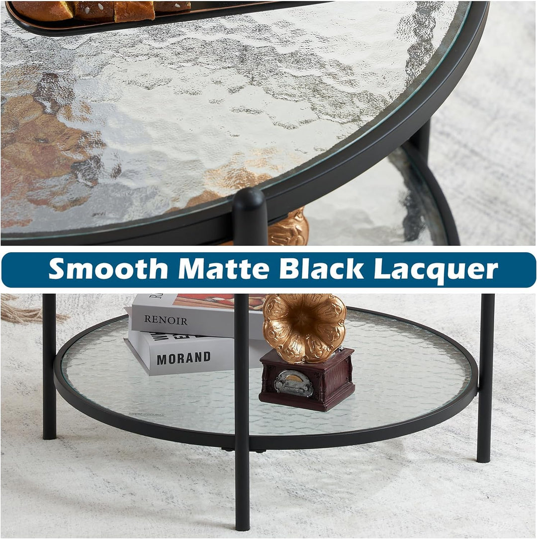 Matte Black Round Coffee Table with Water-Wave Glass, 2-Tier Storage Design, for Living Room, Bedroom, Balcony, Patio