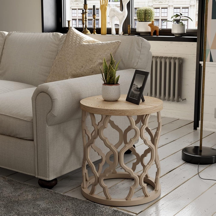 Farmhouse End Table w/ Distressed Wood Top, Curved Motif Frame