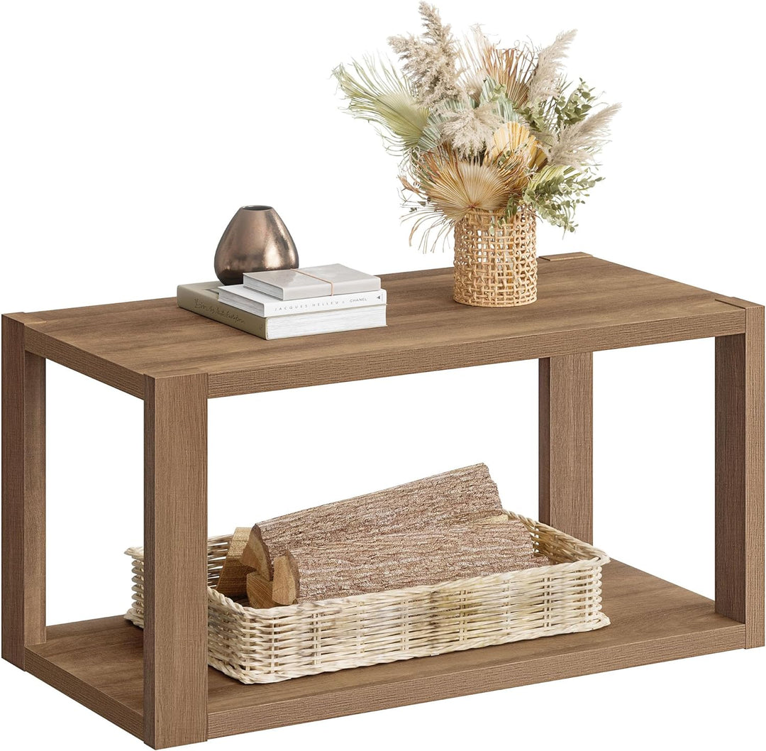 Farmhouse Wood Coffee Table w/ Storage Shelf, Boho Accent Table