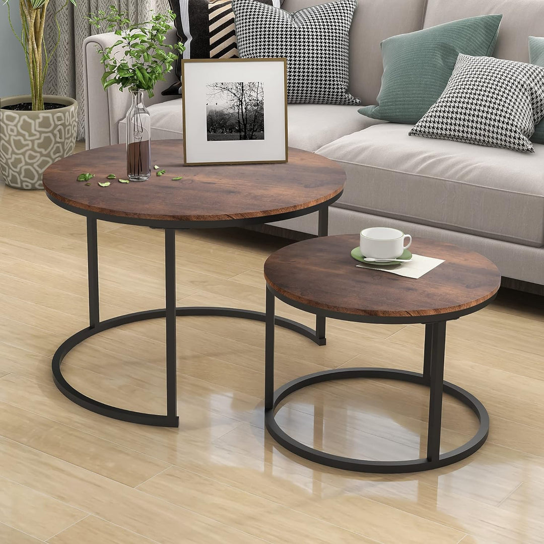 Industrial Round Coffee Table Set, Stacking Side Tables, Rustic Brown