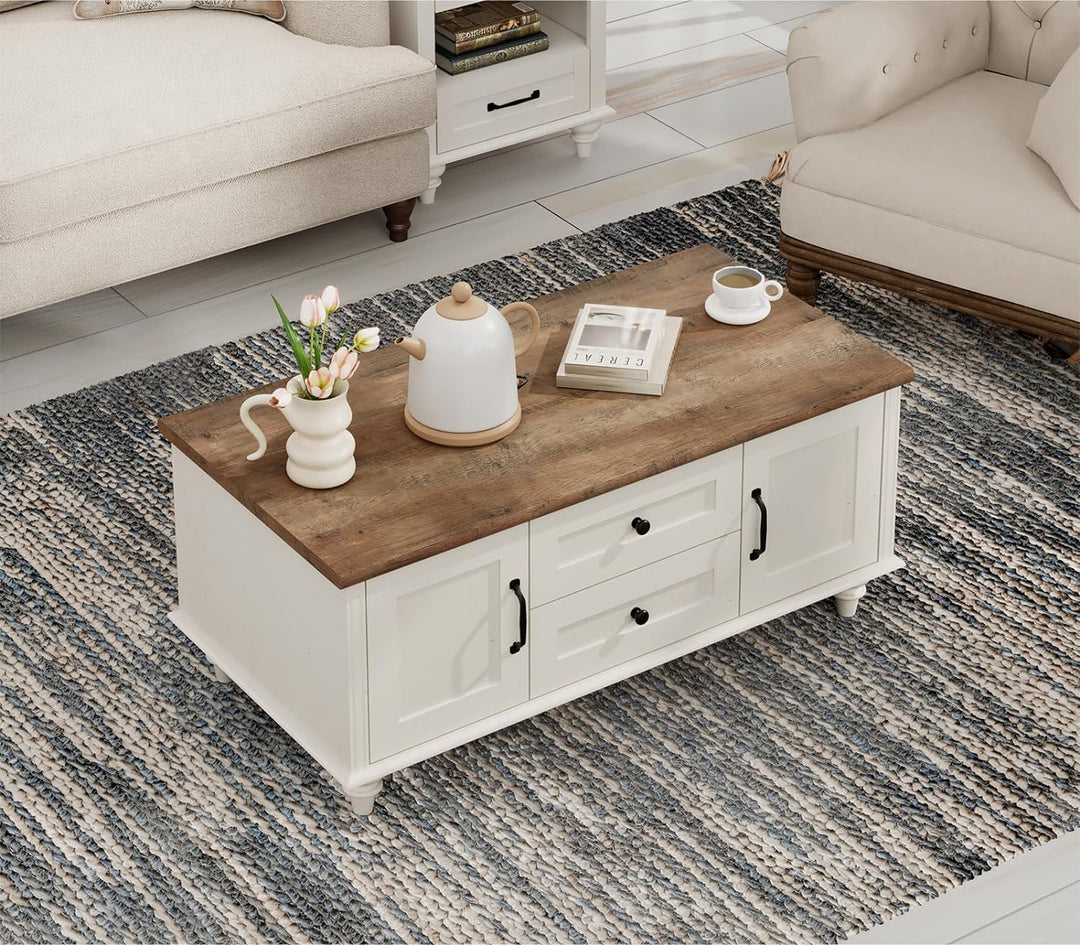 Rustic Wooden Coffee Table with Drawers, Modern Center Table, Off White