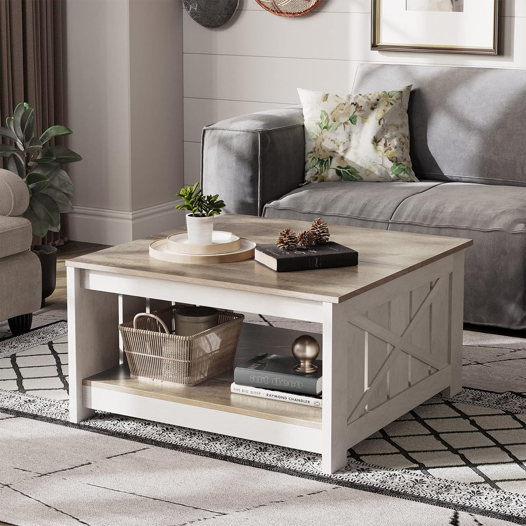 Rustic Farmhouse Coffee Table with Storage, Grey Wash