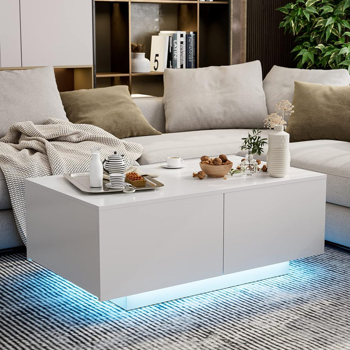 Modern White LED Coffee Table with 4 Drawers, 16 Color Lighting