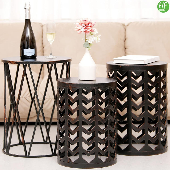 Nesting Round End Table Set, Modern Metal Coffee Tables, Black, Bronze