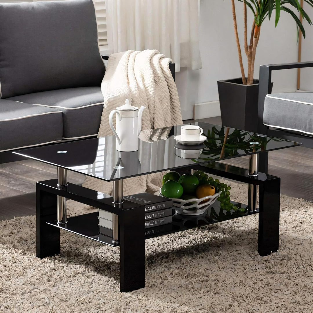 Living Room Glass Coffee Table, Tempered Glass Top, 2-Tier Shelf, Black