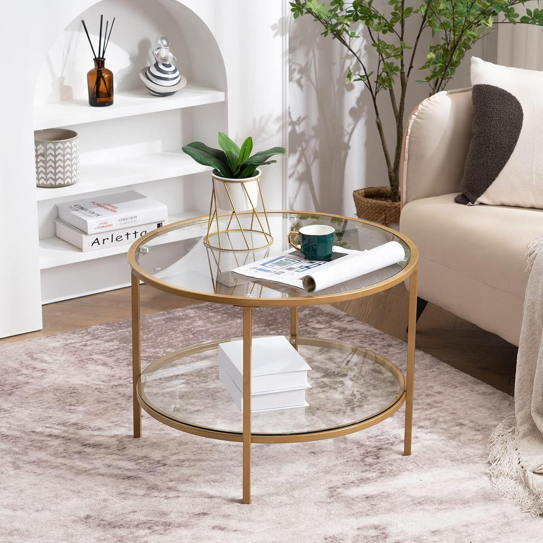 Elegant 2-Tier Glass Top Coffee Table, Gold Finish