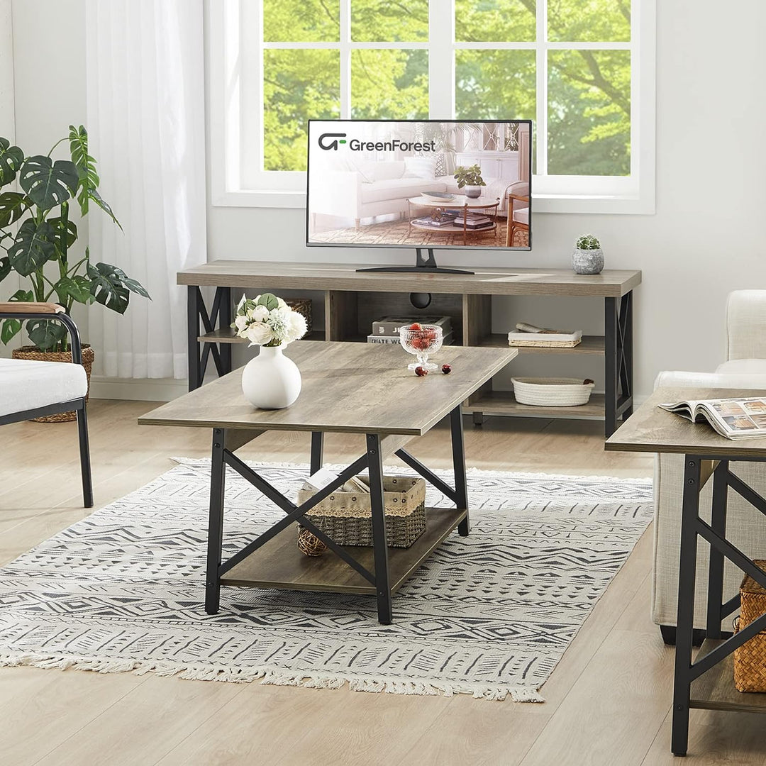 Rustic Farmhouse Coffee Table with Storage Shelf, Gray Wash