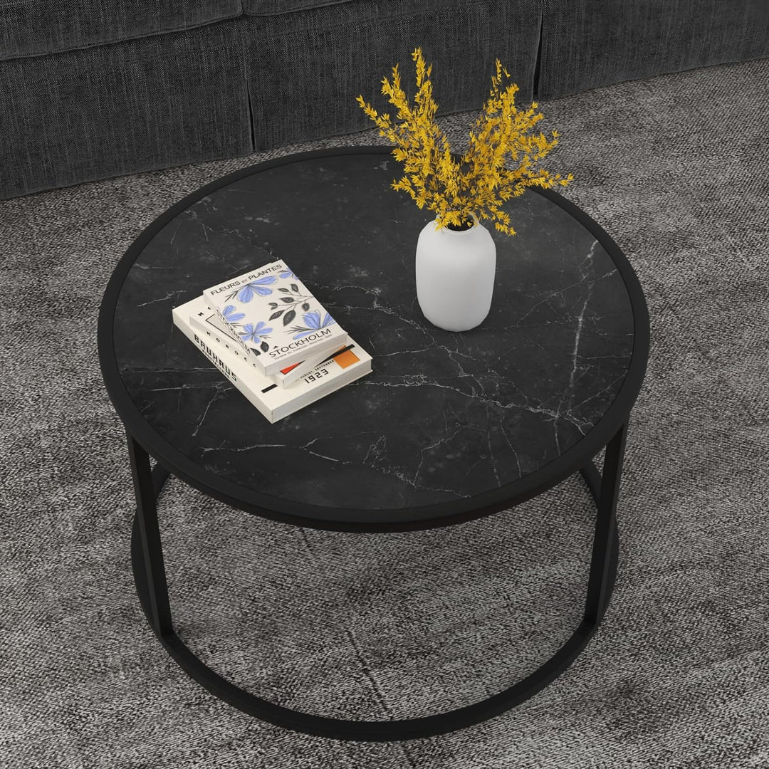 Stylish Small Round Coffee Table with Black Faux Marble