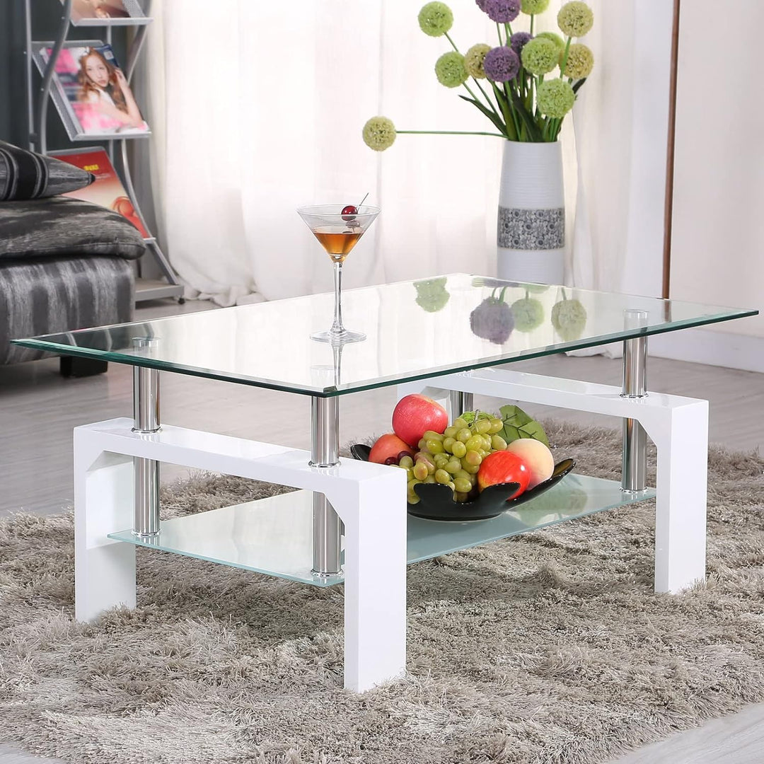 Modern White Glass Coffee Table with Lower Shelf, Metal Legs