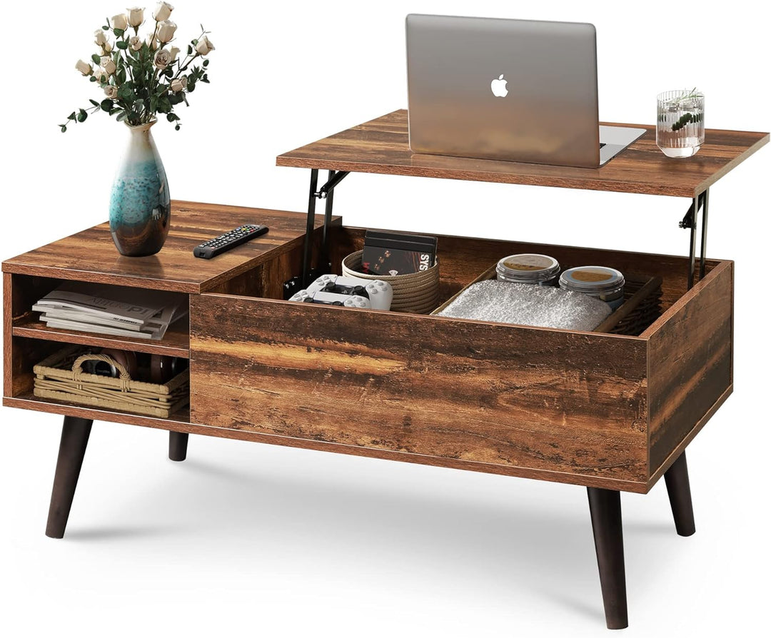 Rustic Oak Wood Lift Top Coffee Table with Hidden Compartment