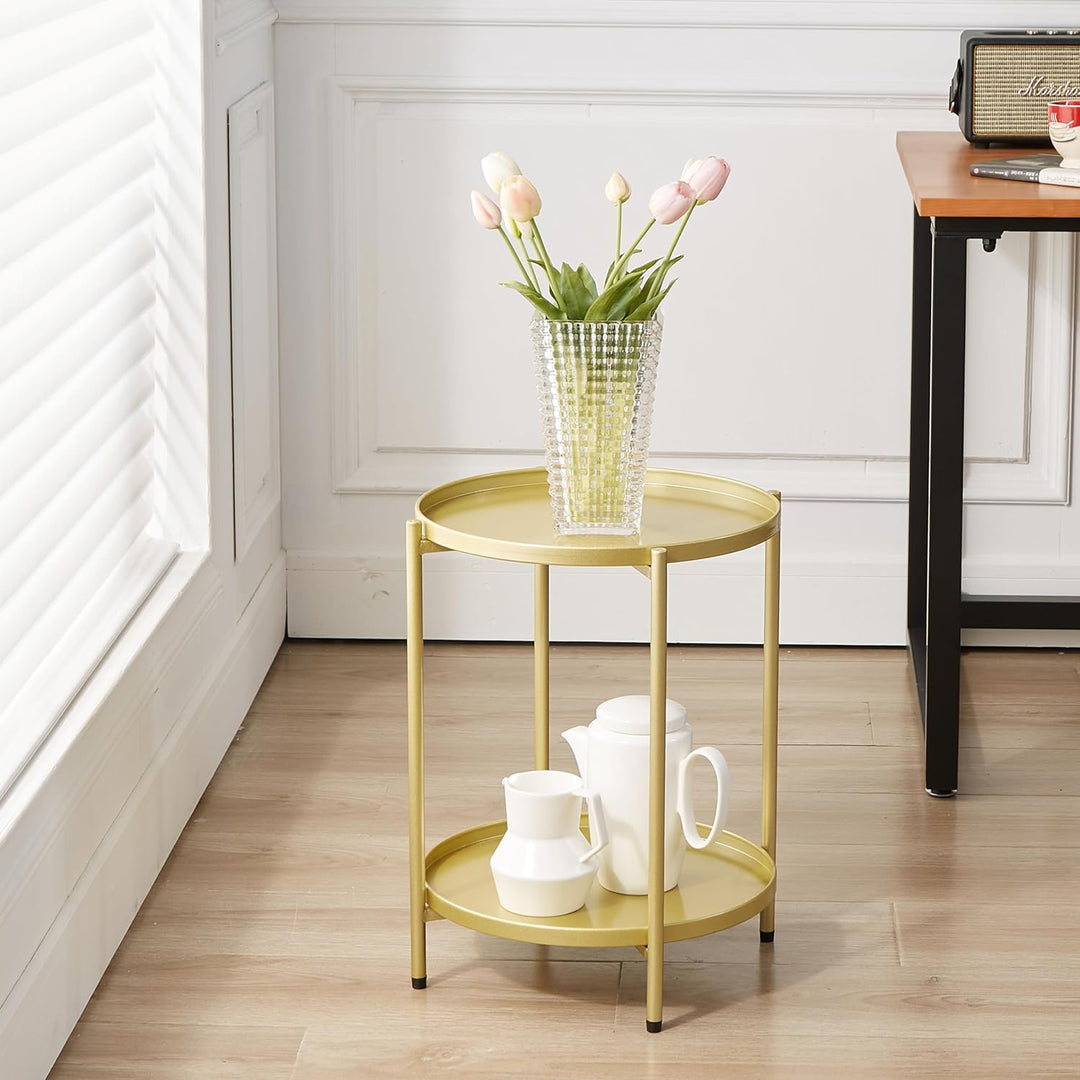 2 Tier Round Metal Side Table, Folding End Tables (Gold)