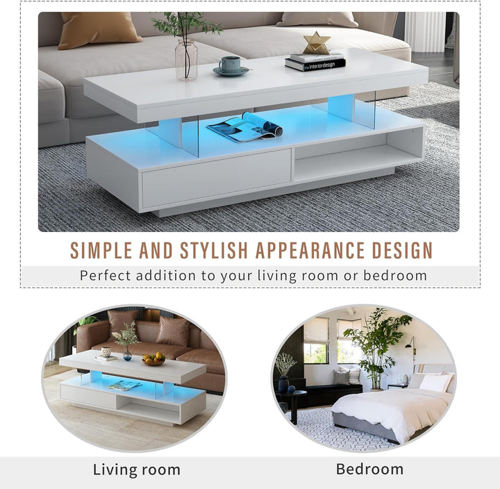 High Gloss Coffee Table with Storage, LED Lights, White