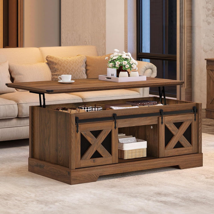 Farmhouse Coffee Table with Lift Top, Storage & Sliding Barn Door, Espresso