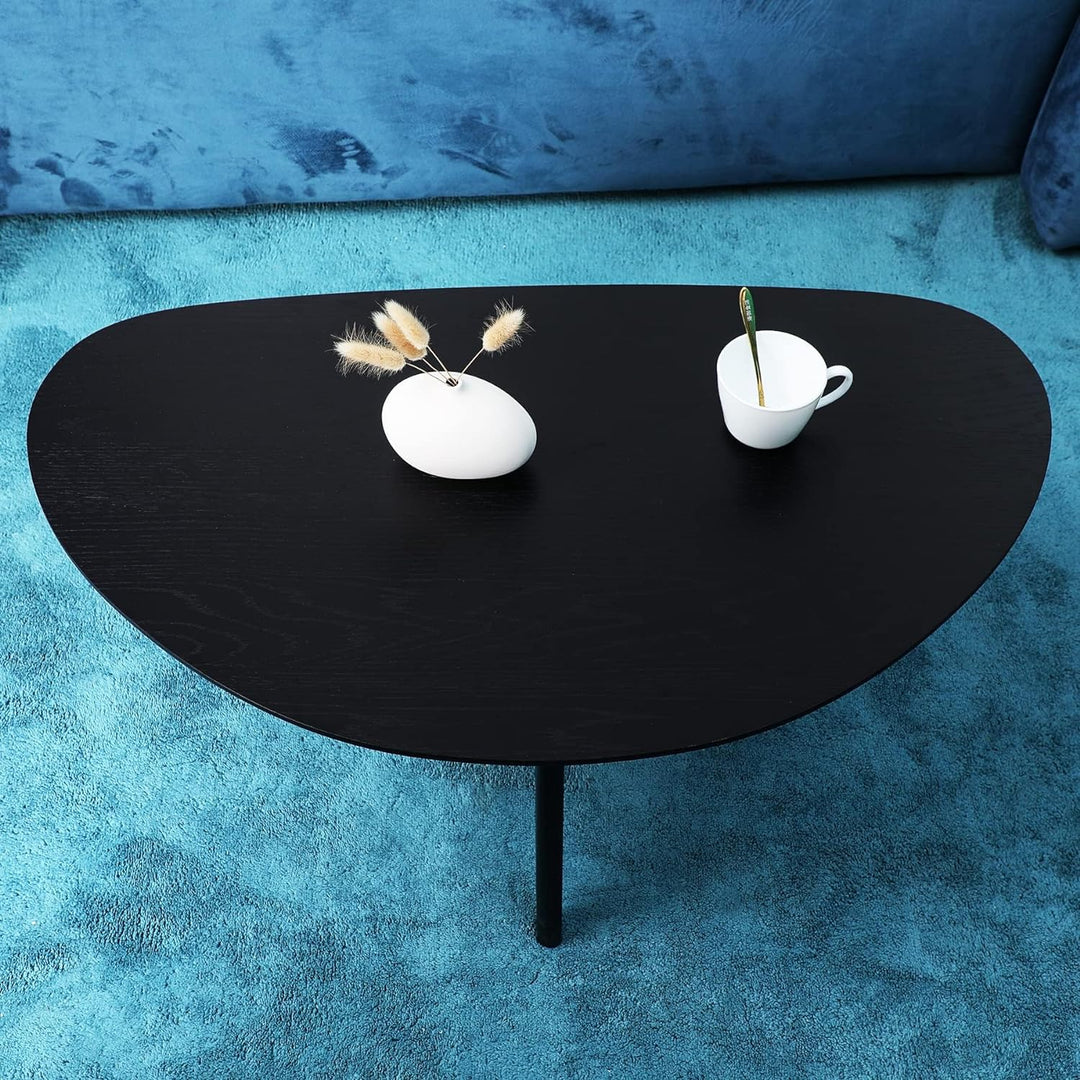 Small Black Oval Coffee Table for Small Spaces, Modern Center Table with Oak Wood Legs