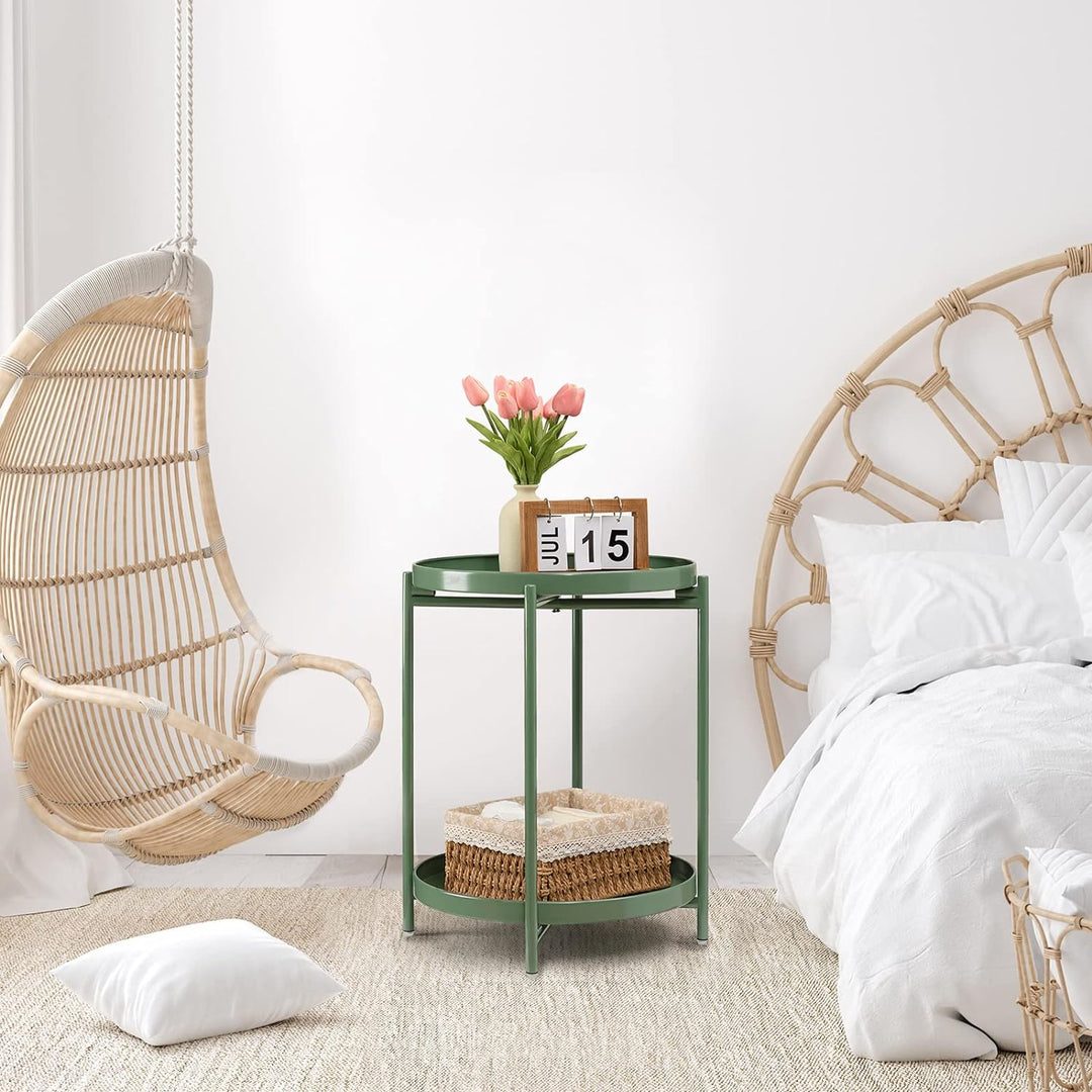 2 Tier Green Side Table, Folding Round Metal End