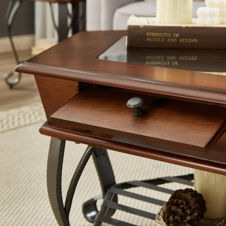 Retro Hexagon Wood Coffee Table with Glass Top, Farmhouse