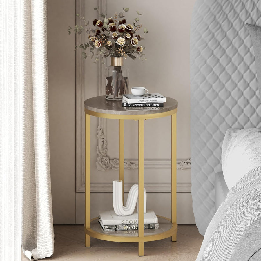 Round Side Table, Modern Nightstand End Table with Gold Metal Frame &Faux Marble Top