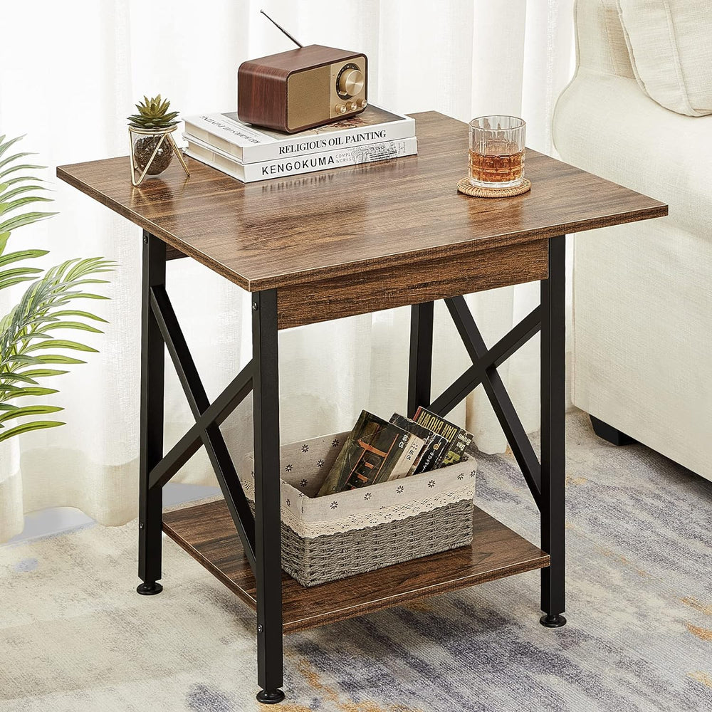 24" Industrial Side Table w/ Storage, Rustic Walnut