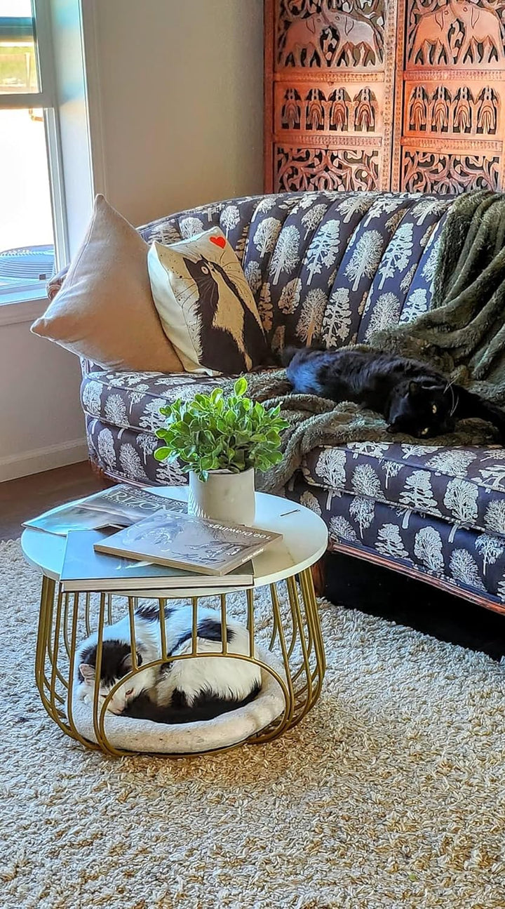 22" Round Coffee Table, Modern Cocktail Table, White Marble + Black