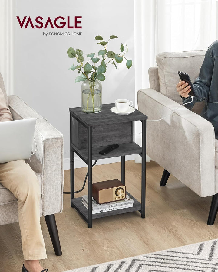 3-Tier End Table w/ USB, Outlets, Misty Gray & Black