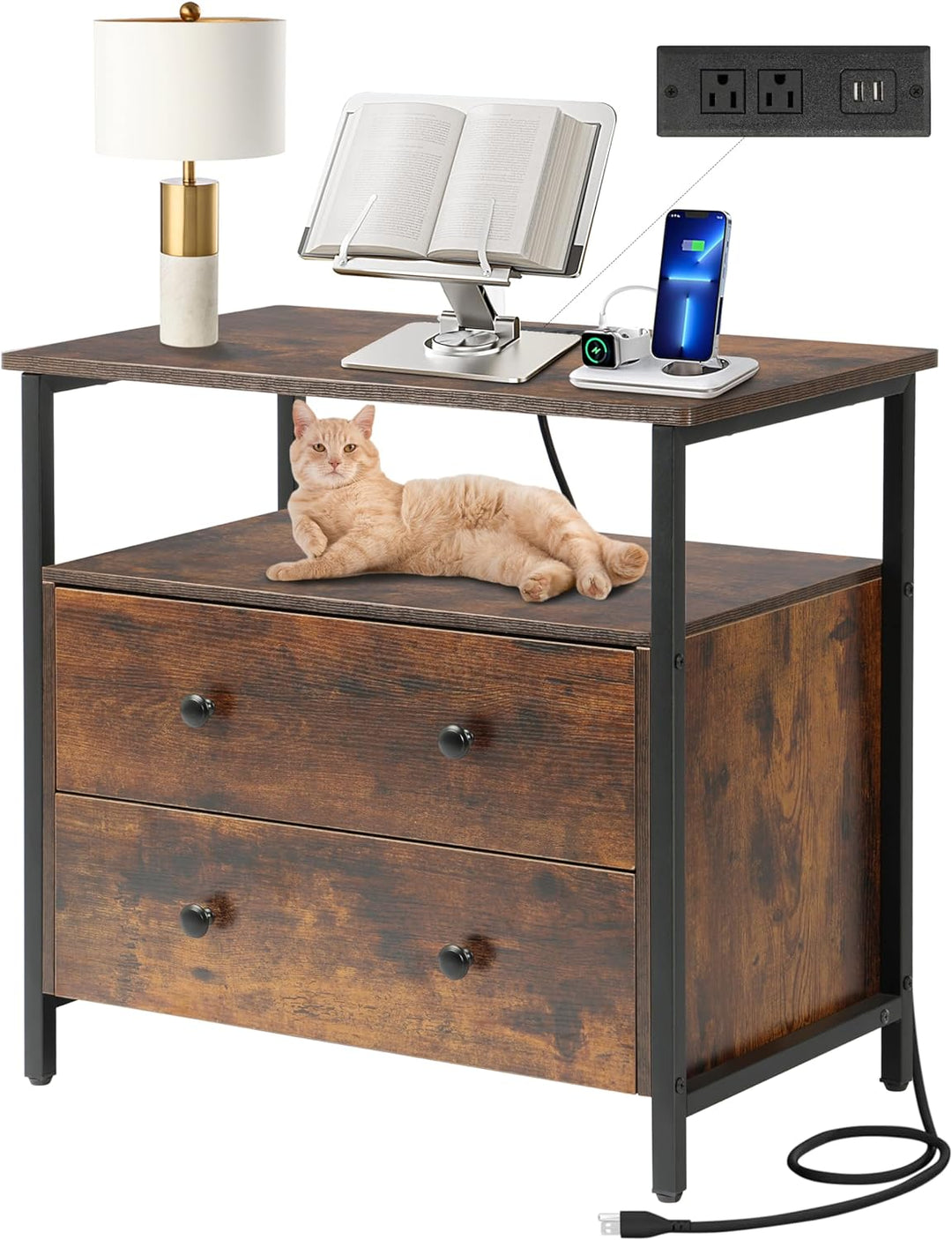 27" Nightstand w/ Charging Station, 2 Drawers