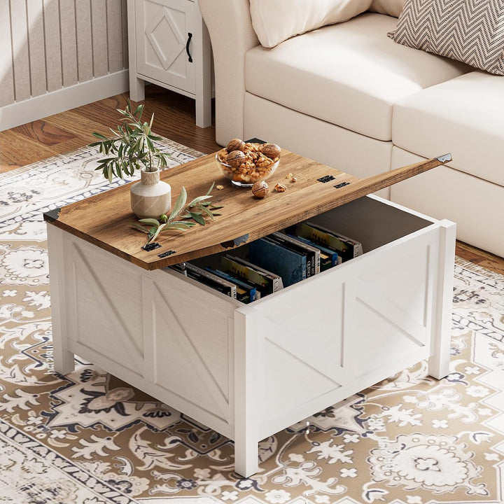 Farmhouse Coffee Table, Square Wood Center Table with Hidden Storage, Rustic Cocktail Table, White&oak