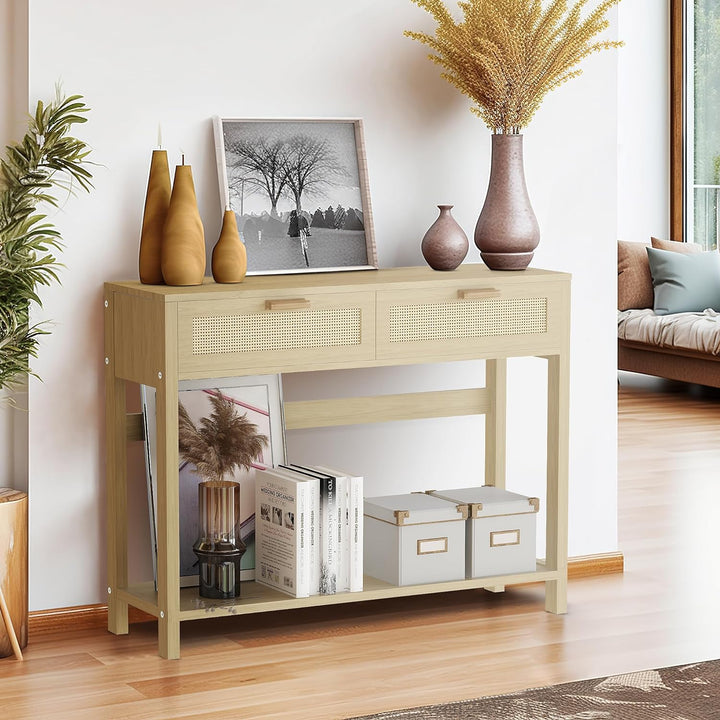 Rattan Console Table Set of 2 Narrow Long Entryway