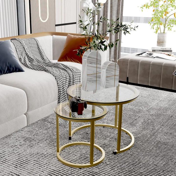 Gold Nesting Coffee Table Set of 2, Glass Tables