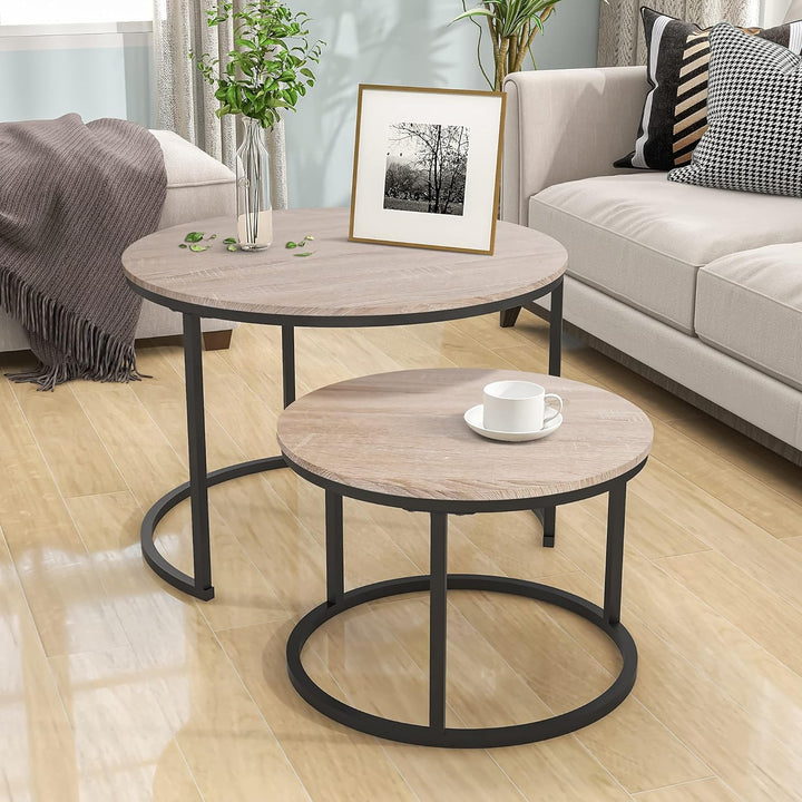 Industrial Round Coffee Table Set, Stacking Side Tables, Black and Teak Oak