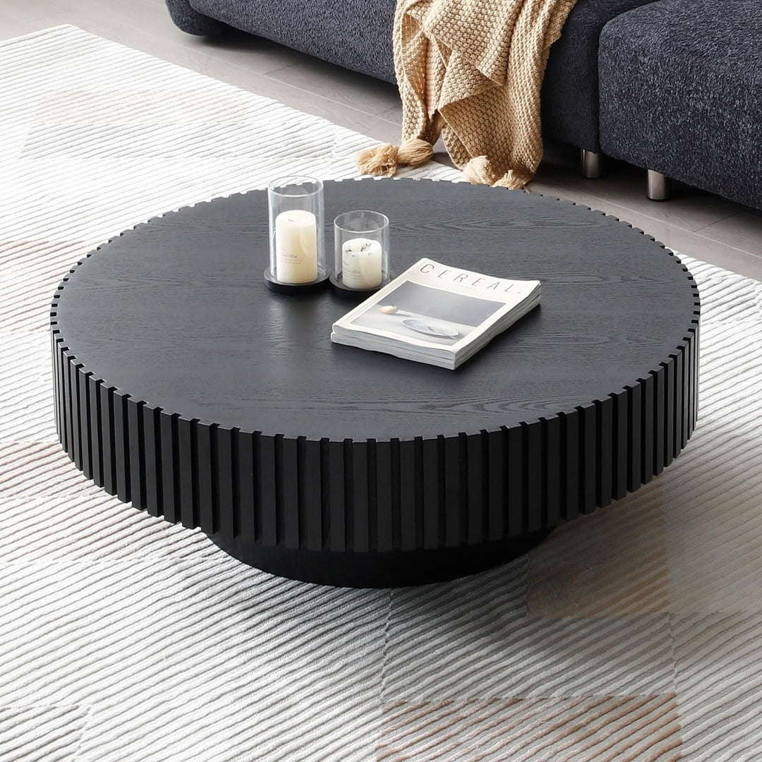 39.4" Black Round Coffee Table, Farmhouse Wood for Living Room